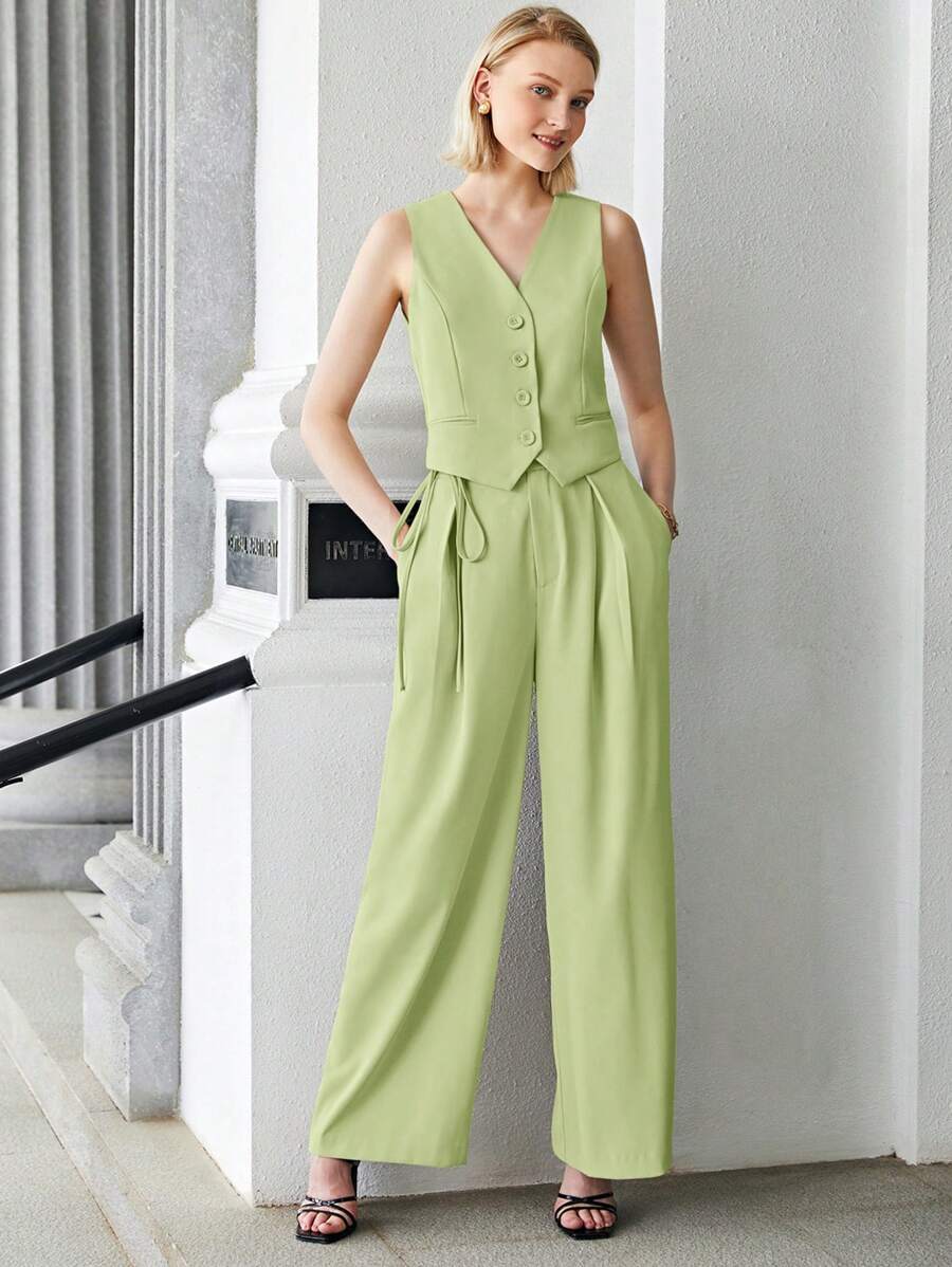 BizChic Gilet de travail kaki unicolore sans col avec col en V et boutons devant