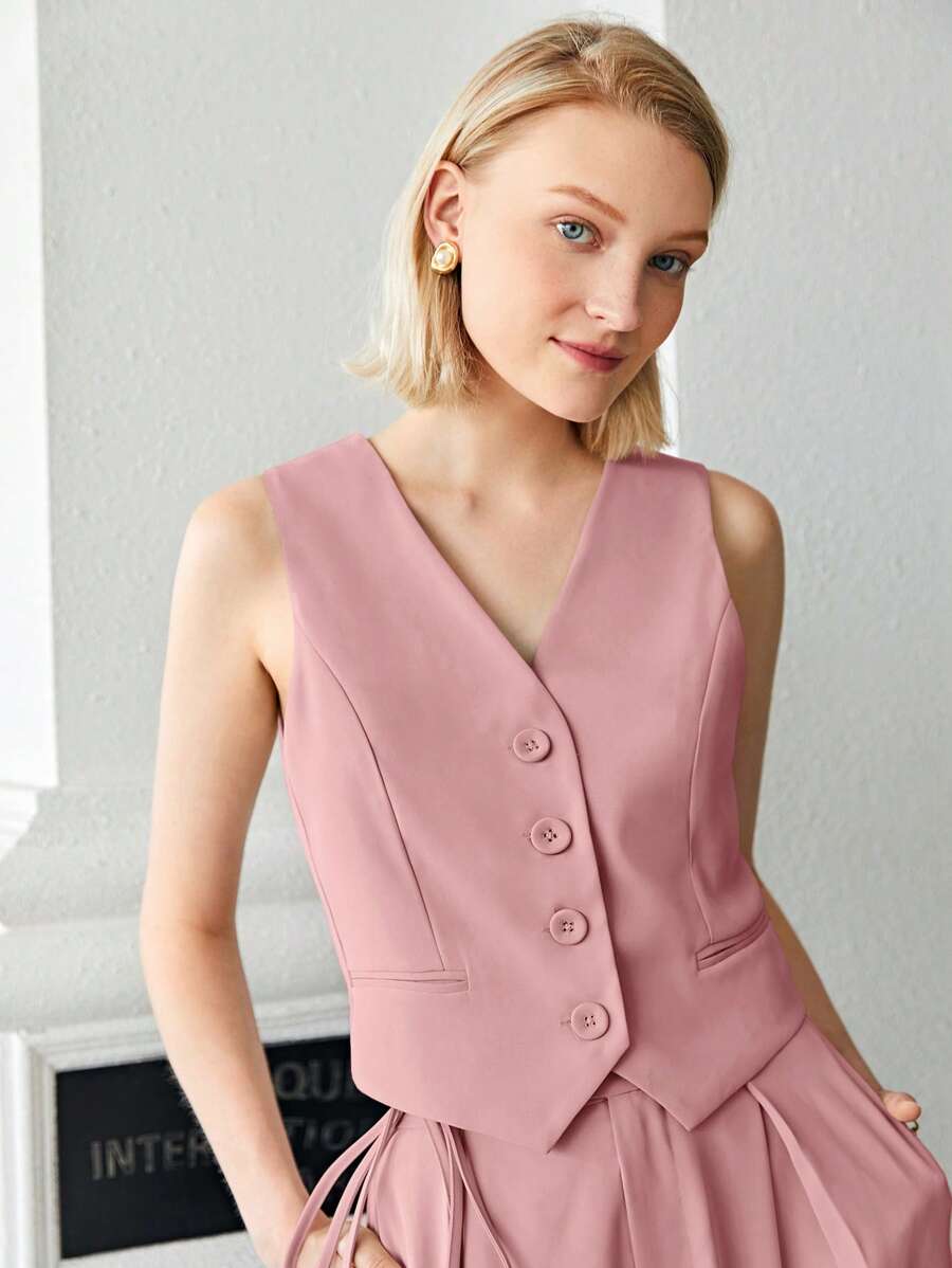 BizChic Gilet de travail kaki unicolore sans col avec col en V et boutons devant