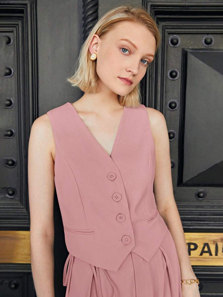 BizChic Gilet de travail kaki unicolore sans col avec col en V et boutons devant