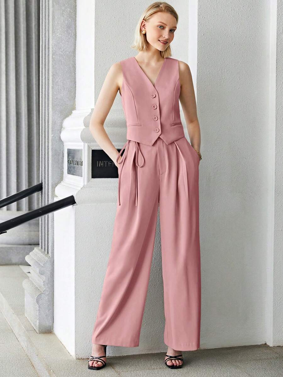 BizChic Gilet de travail kaki unicolore sans col avec col en V et boutons devant