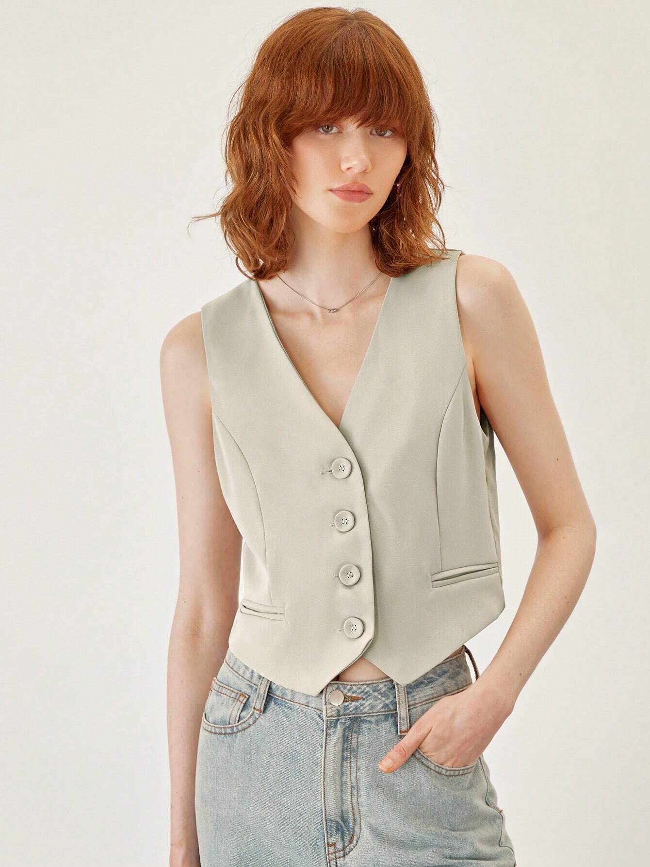 BizChic Gilet de travail kaki unicolore sans col avec col en V et boutons devant