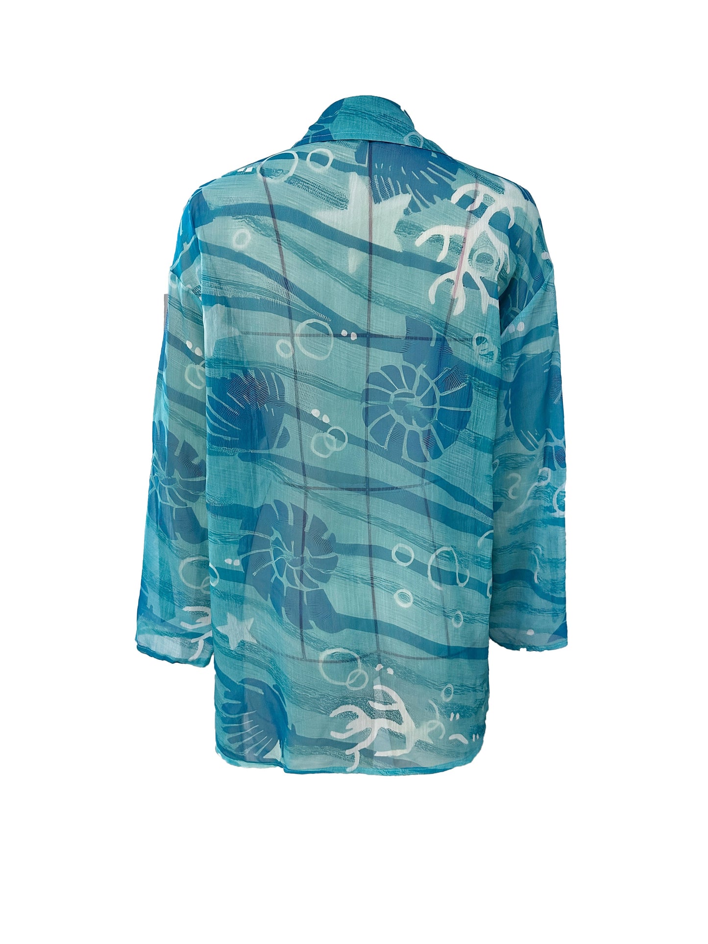 Marine Life Print Button Up Shirt, Vacation Long Sleeve Collared Loose Beach Shirt, Women's Clothing