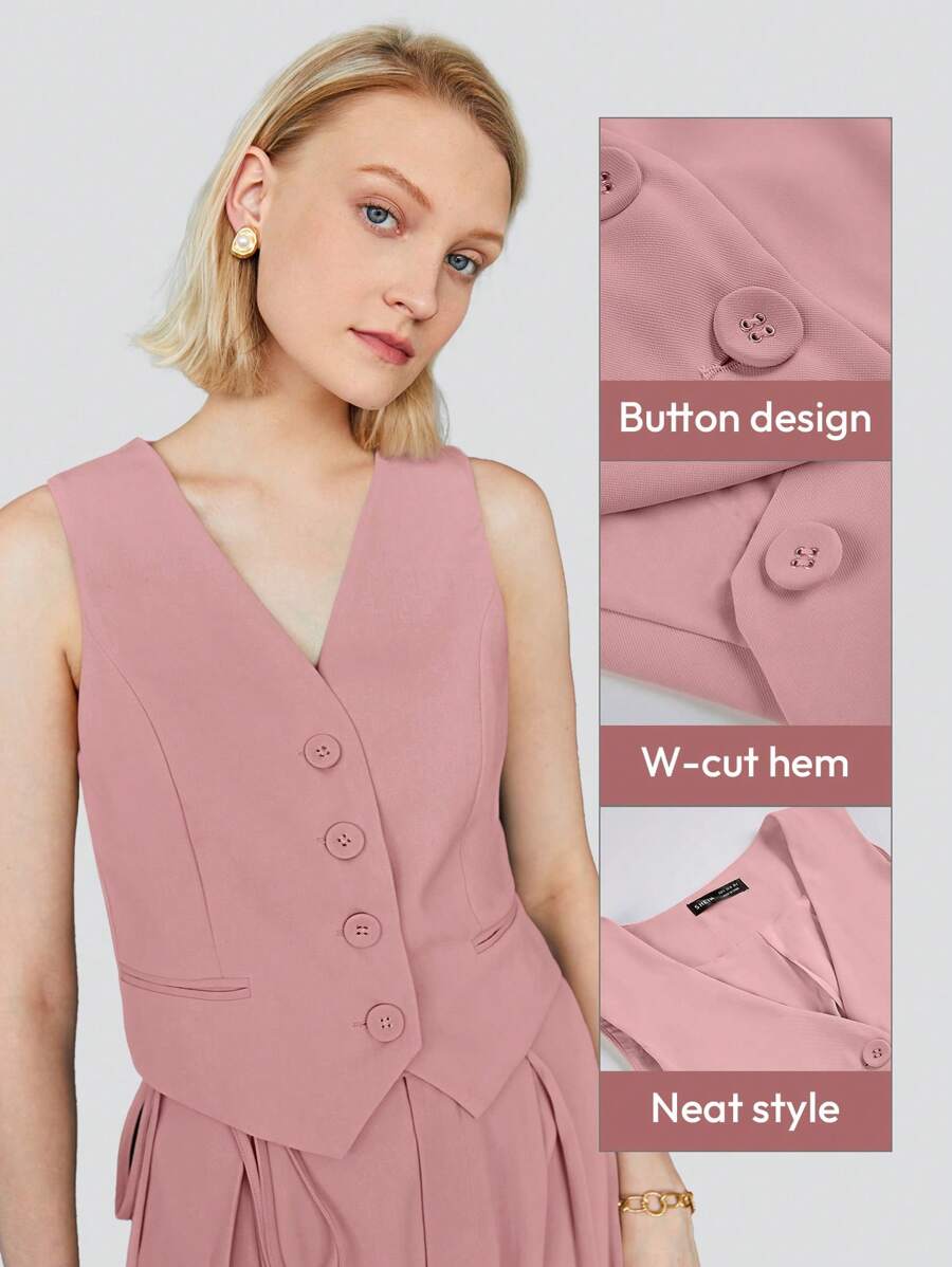 BizChic Gilet de travail kaki unicolore sans col avec col en V et boutons devant