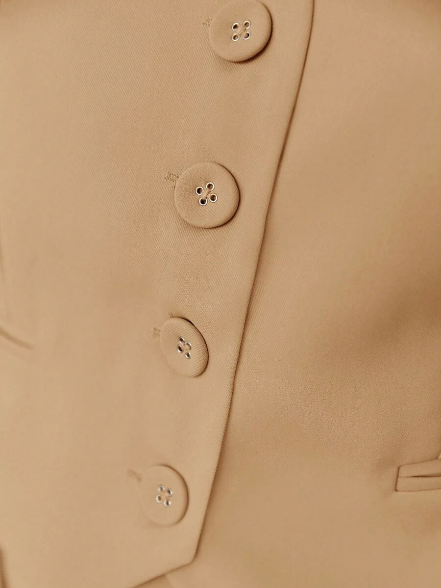 BizChic Gilet de travail kaki unicolore sans col avec col en V et boutons devant
