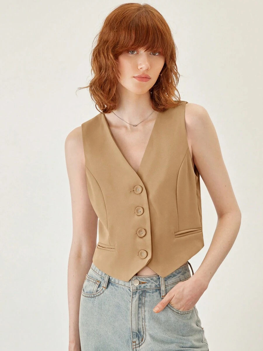 BizChic Gilet de travail kaki unicolore sans col avec col en V et boutons devant