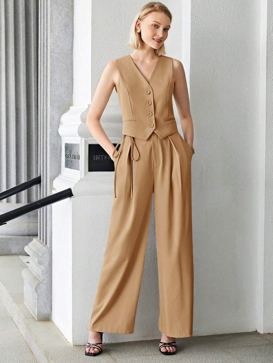 BizChic Gilet de travail kaki unicolore sans col avec col en V et boutons devant