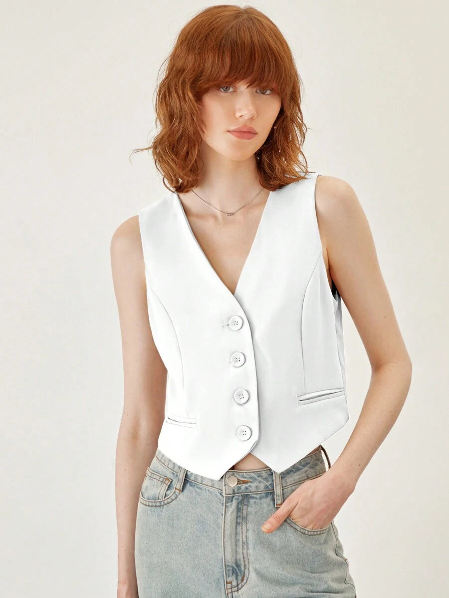 BizChic Gilet de travail kaki unicolore sans col avec col en V et boutons devant
