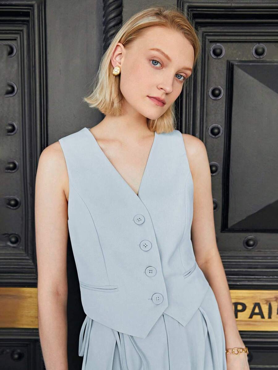 BizChic Gilet de travail kaki unicolore sans col avec col en V et boutons devant