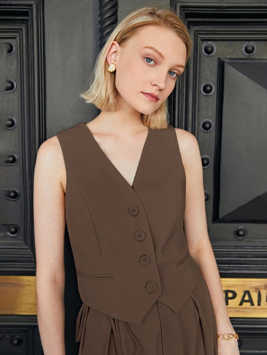 BizChic Gilet de travail kaki unicolore sans col avec col en V et boutons devant