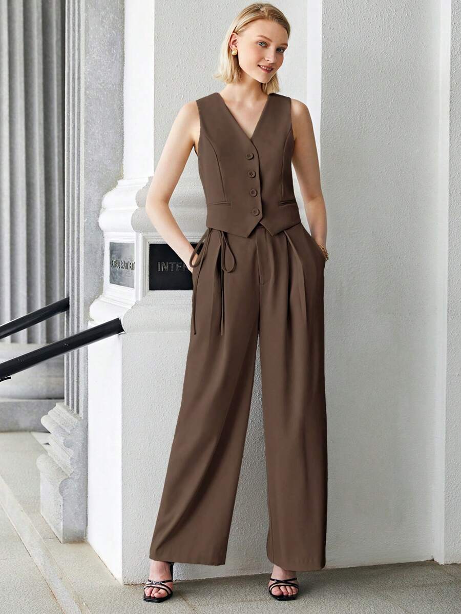 BizChic Gilet de travail kaki unicolore sans col avec col en V et boutons devant