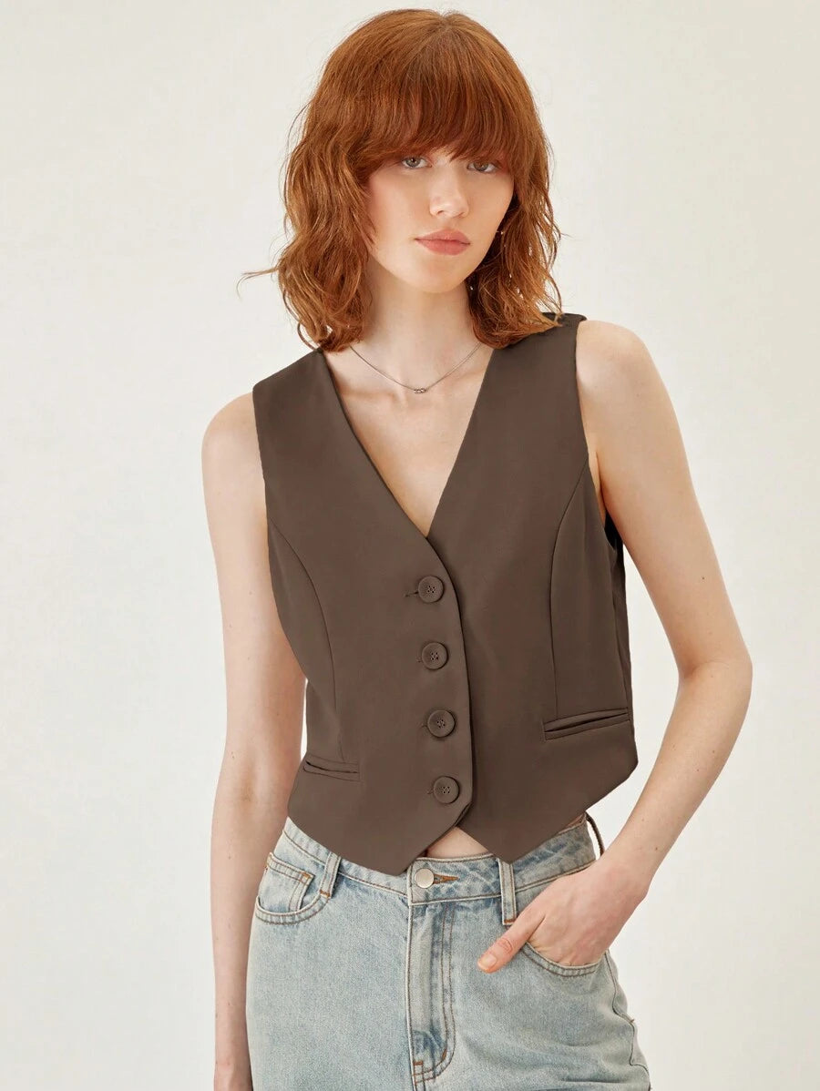 BizChic Gilet de travail kaki unicolore sans col avec col en V et boutons devant