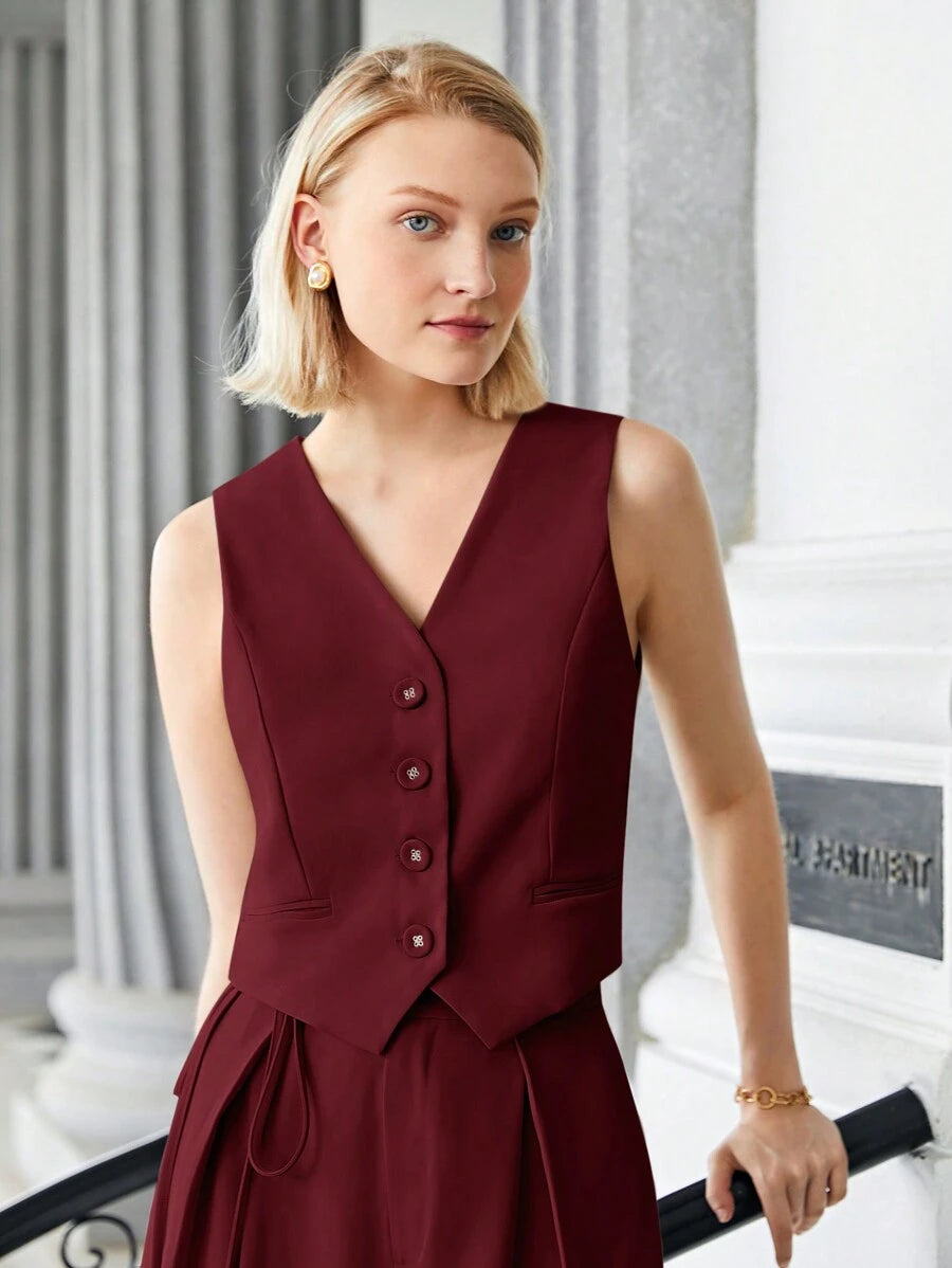 BizChic Gilet de travail kaki unicolore sans col avec col en V et boutons devant
