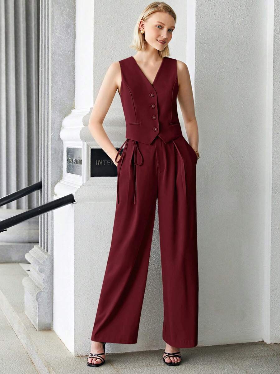 BizChic Gilet de travail kaki unicolore sans col avec col en V et boutons devant