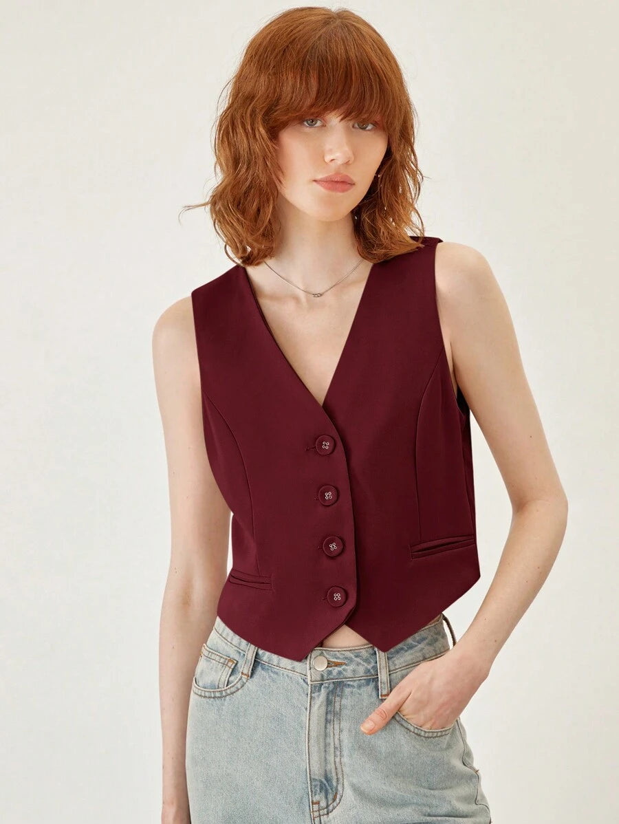 BizChic Gilet de travail kaki unicolore sans col avec col en V et boutons devant