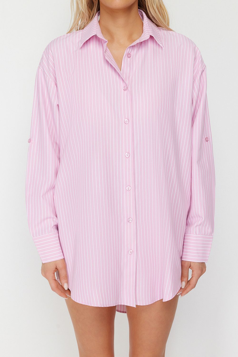 Trendyol Collection Rosa gestreiftes, gewebtes Strandhemd TBESS22GO0664