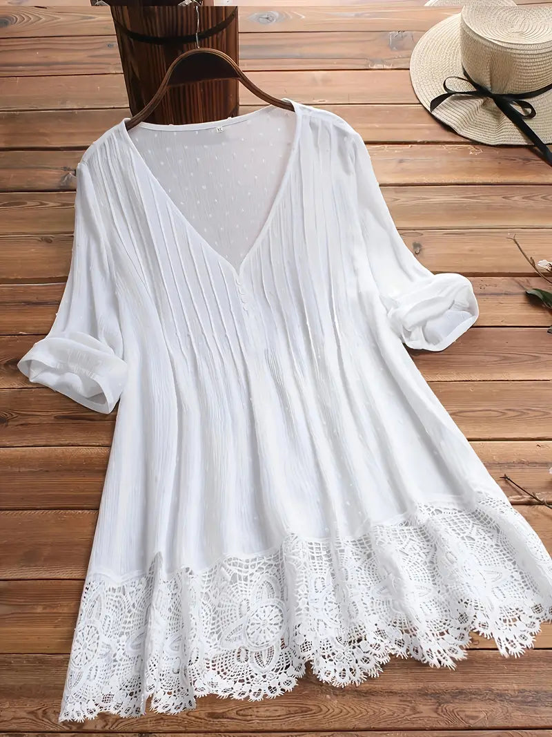 Koemi - Vintage Blouse met Ruches en V-hals