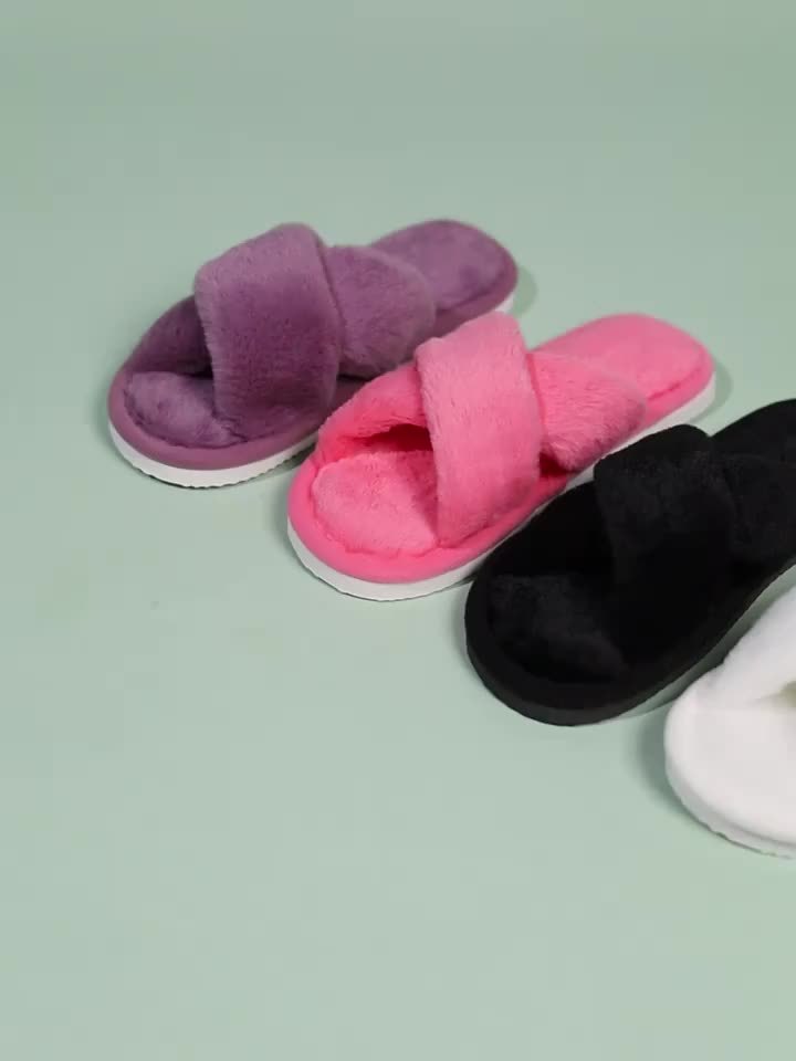 [1 Pair Faux Fur Slippers] 1 Pair Elegant Faux Fur Slippers for Women, Solid Color Indoor House Shoes, Slip-On Plush Open Toe Slides with Rubber Sole, Washable Fabric Lining and Insole, All-Season Comfort