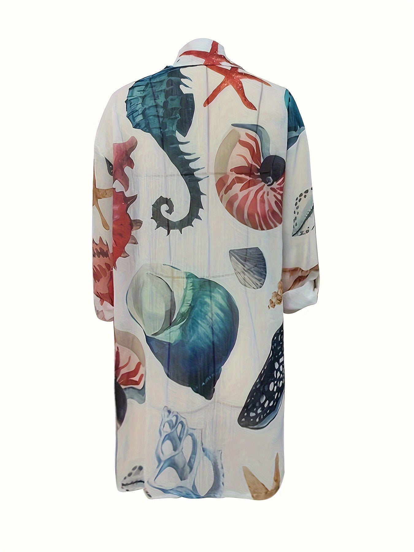 Marine Life Print Button Up Shirt, Vacation Long Sleeve Collared Loose Beach Shirt, Women's Clothing