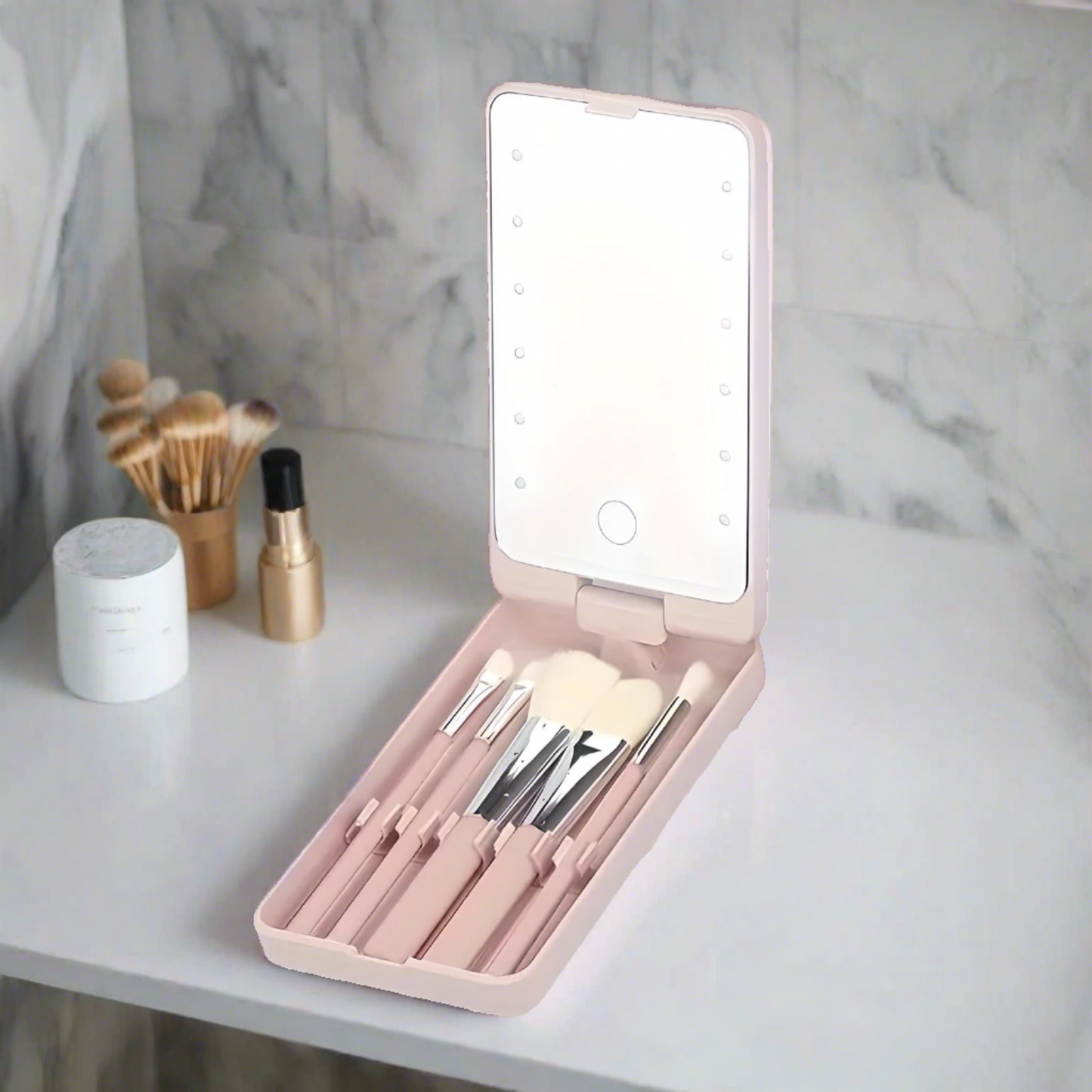 Jewel - Reis Make-up Borstel en Spiegel Set