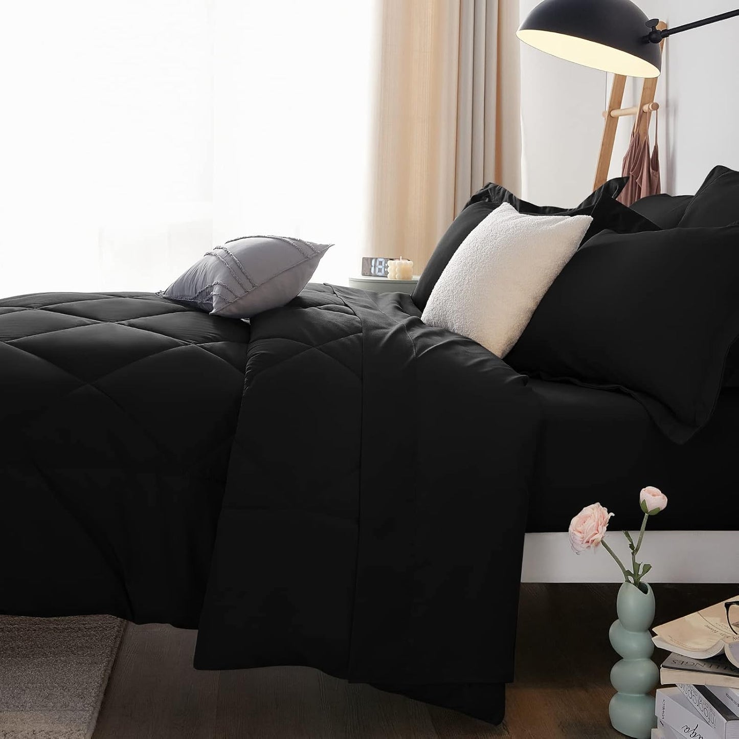 CozyLux Queen Comforter Set Dark Grey - Bed in a Bag Queen Size 7 Pieces, Luxury Soft Bed Set for All Seasons, Bedding Set with Down Alternative Comforter, Sheets, Pillowcases & Shams