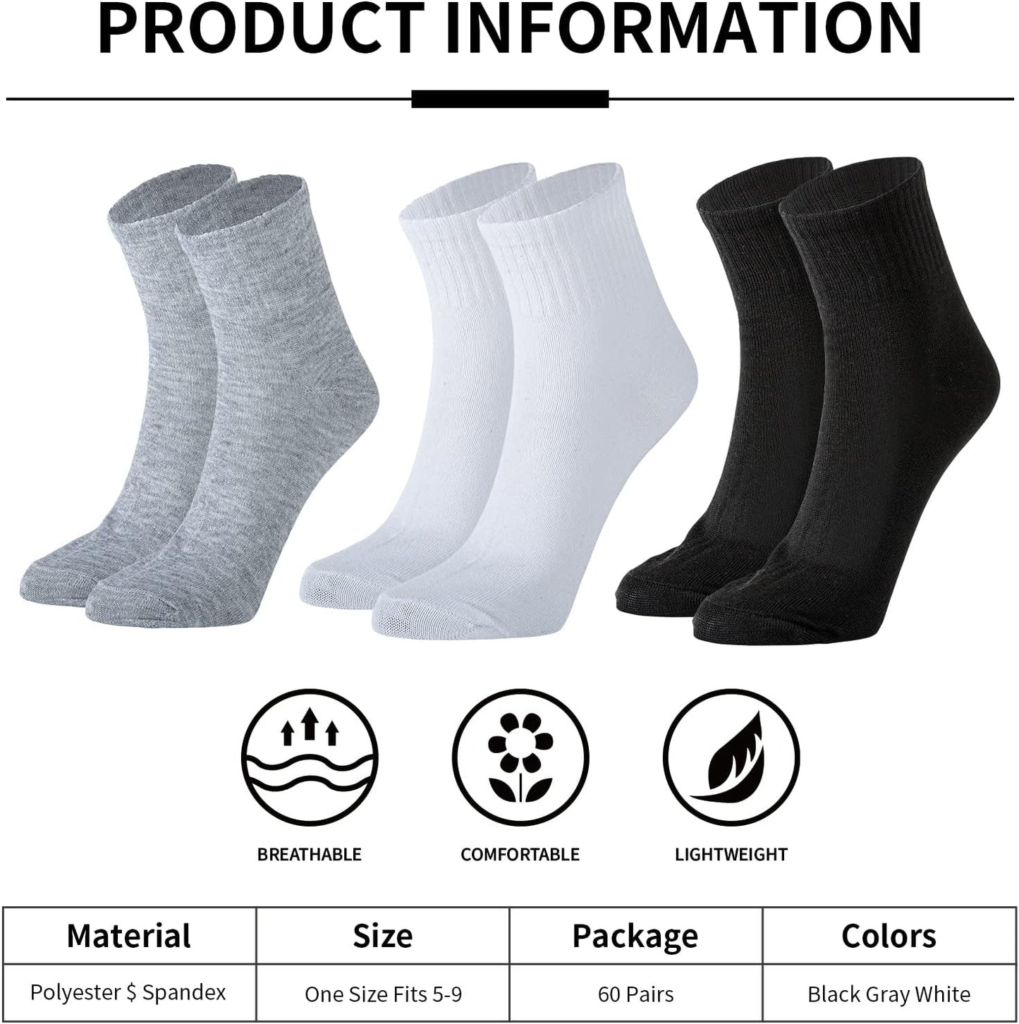 60 Pairs Mens Quarter Ankle Socks Athletic Moisture Socks Casual Sports Socks Bulk Pack for Homeless Unisex Men Women
