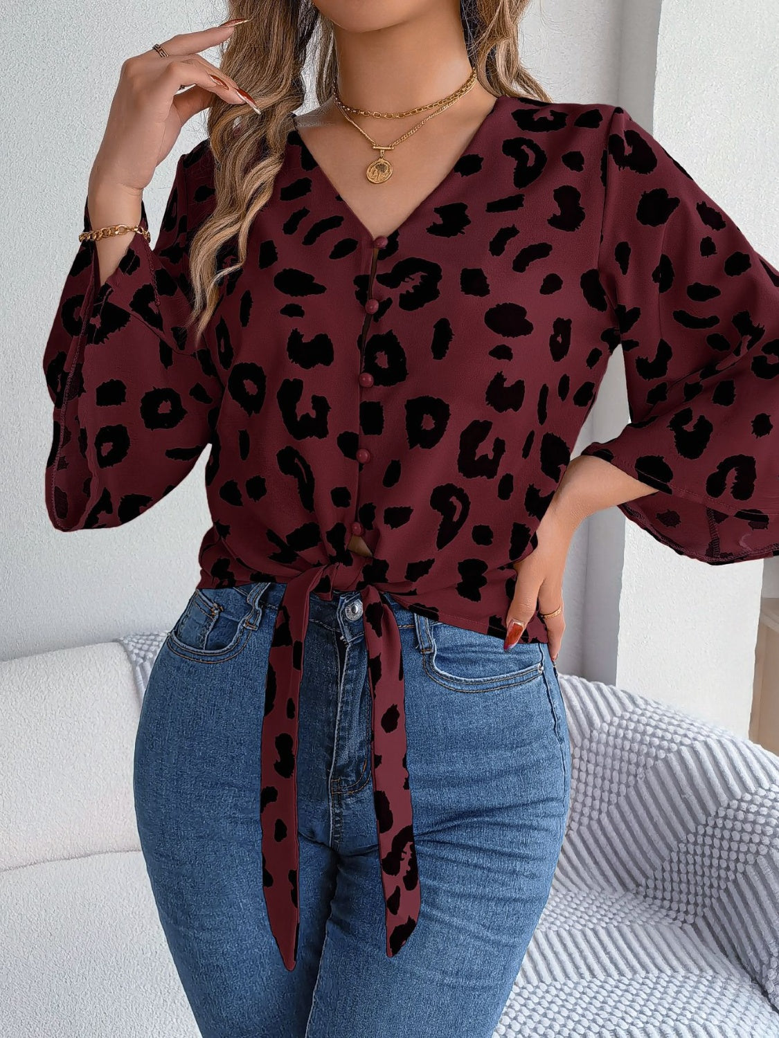 Elena - Stijlvolle Dames Blouse Luipaard Knoop