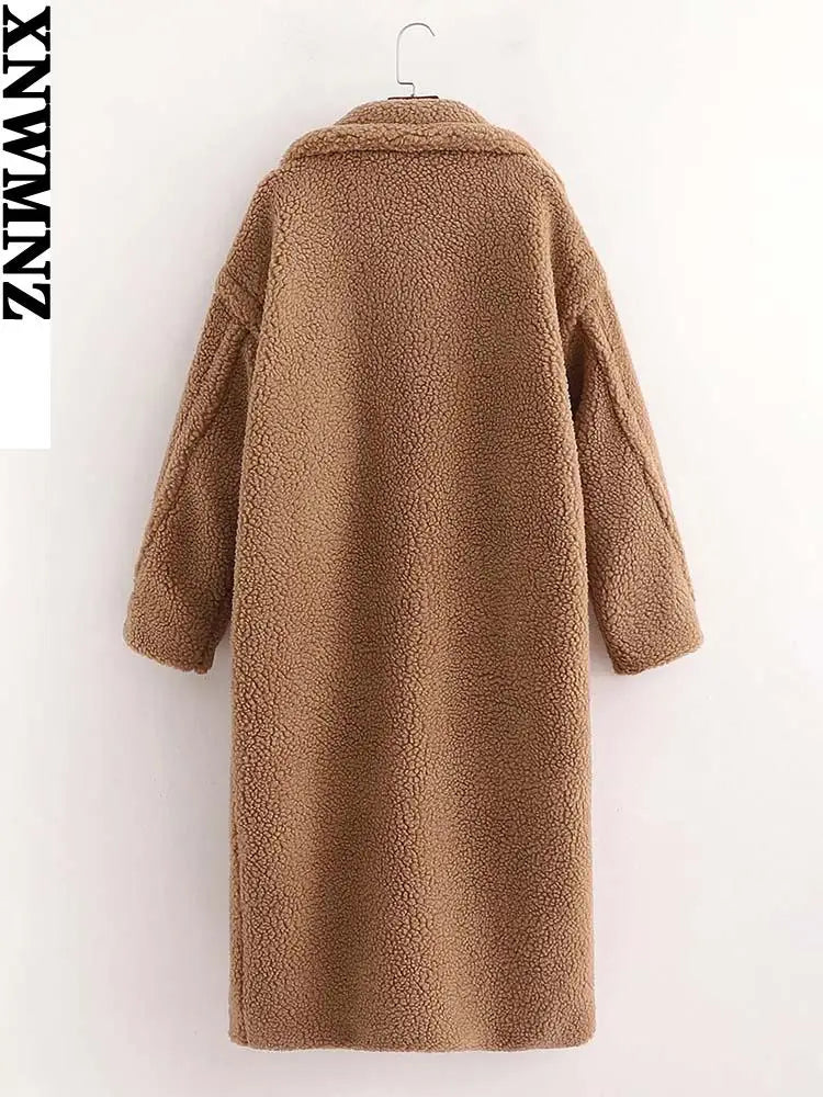 XNWMNZ 2024 women faux fur teddy jacket coat Women's Fashion lapel collar long sleeve side pockets Female coat Warm Winter