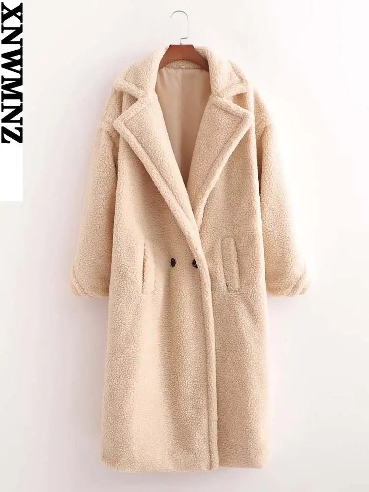XNWMNZ 2024 women faux fur teddy jacket coat Women's Fashion lapel collar long sleeve side pockets Female coat Warm Winter