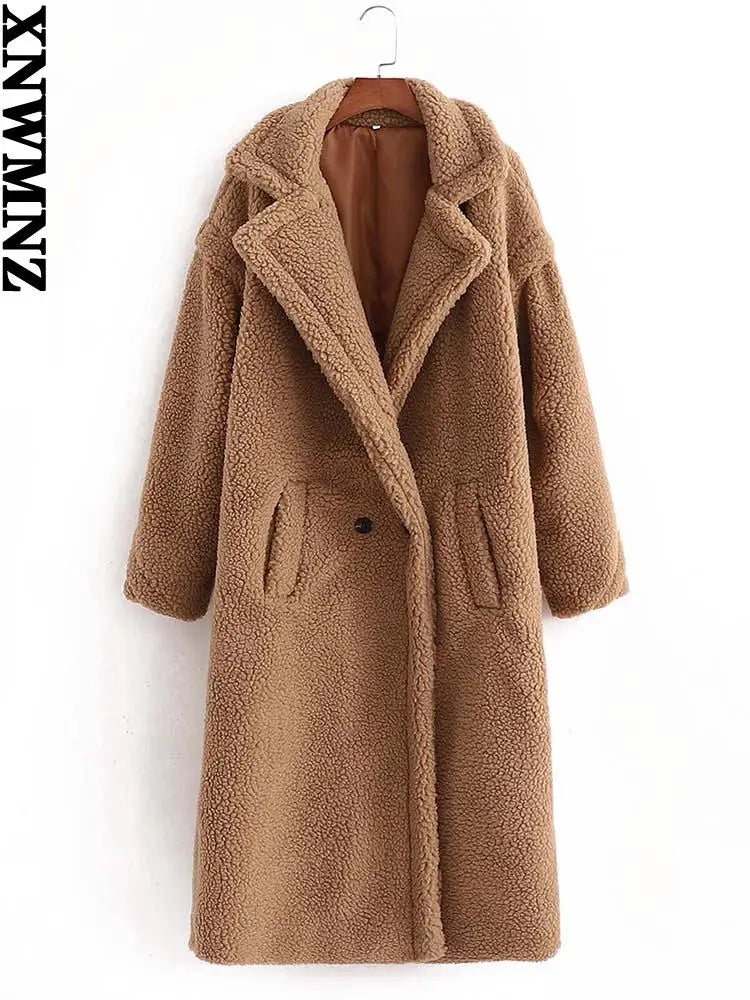 XNWMNZ 2024 women faux fur teddy jacket coat Women's Fashion lapel collar long sleeve side pockets Female coat Warm Winter