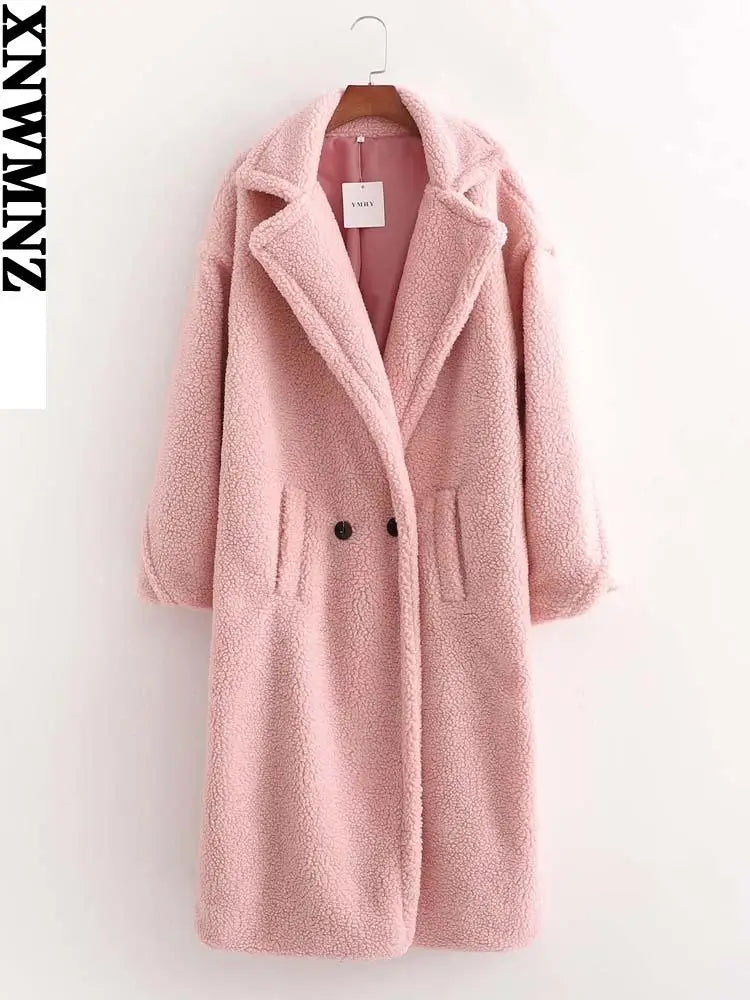 XNWMNZ 2024 women faux fur teddy jacket coat Women's Fashion lapel collar long sleeve side pockets Female coat Warm Winter