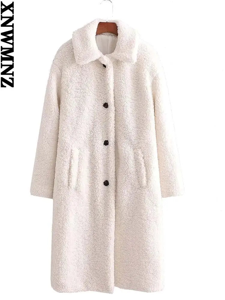 XNWMNZ 2024 women faux fur teddy jacket coat Women's Fashion lapel collar long sleeve side pockets Female coat Warm Winter