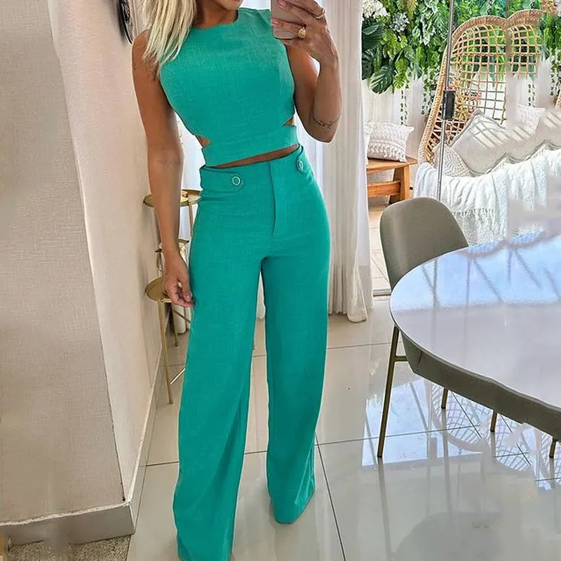 Hyacinth – Chic Cropped Top High Waist Long Pants Suits