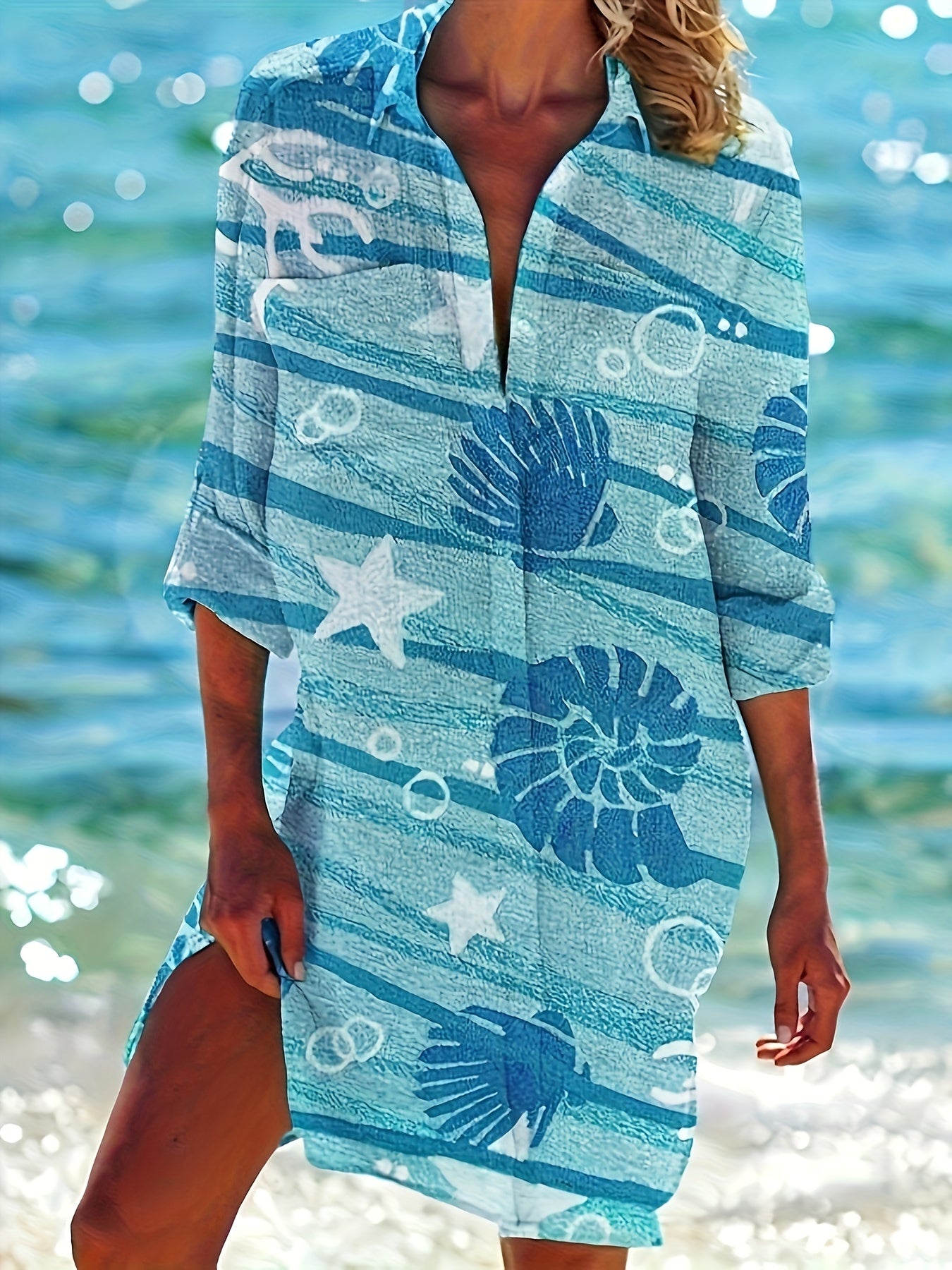 Marine Life Print Button Up Shirt, Vacation Long Sleeve Collared Loose Beach Shirt, Women's Clothing