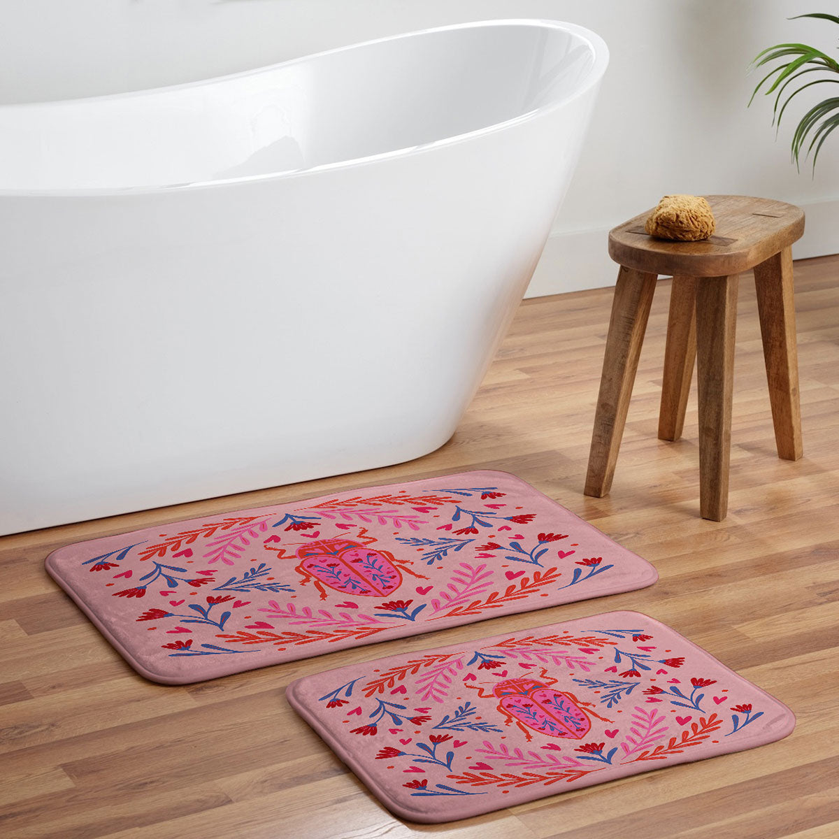 Angela Minca Lovebug pink and red Memory Foam Bath Mat