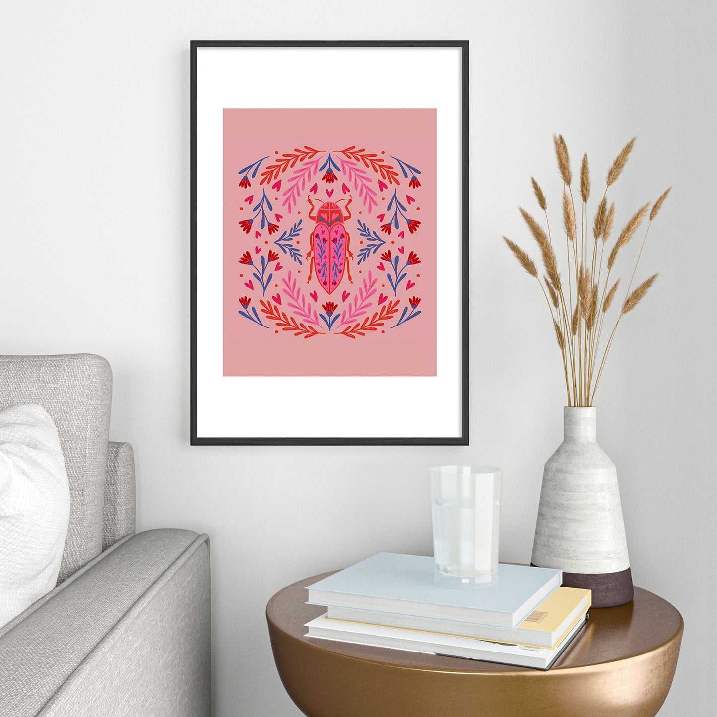Angela Minca Lovebug pink and red Metal Framed Art Print