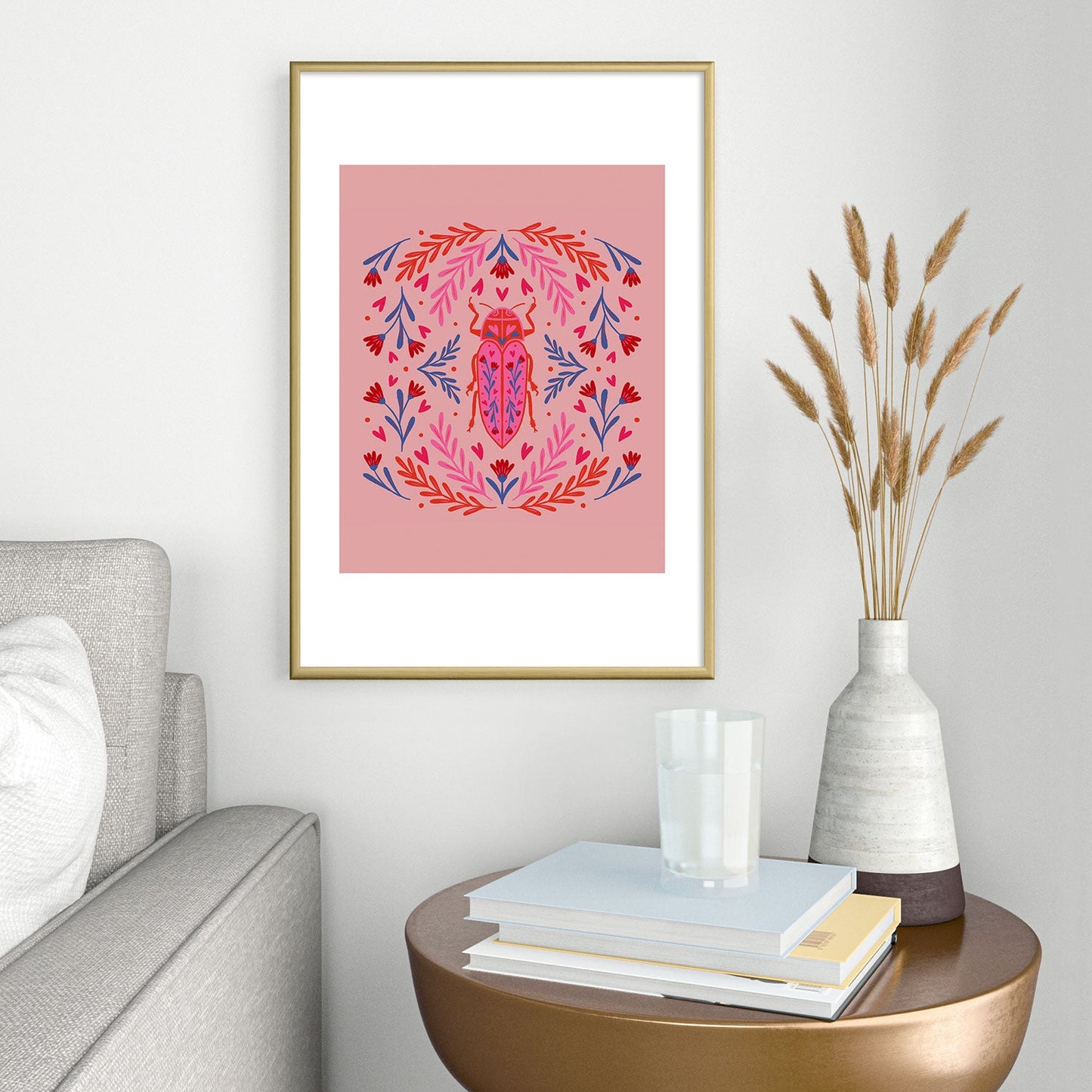 Angela Minca Lovebug pink and red Metal Framed Art Print