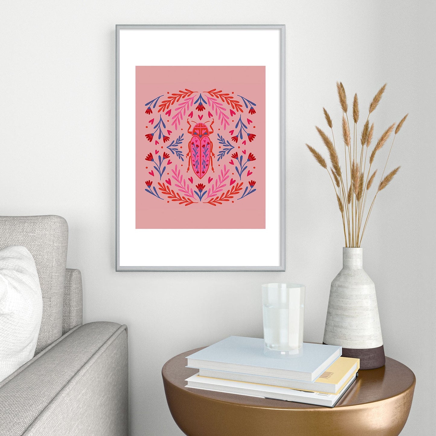 Angela Minca Lovebug pink and red Metal Framed Art Print