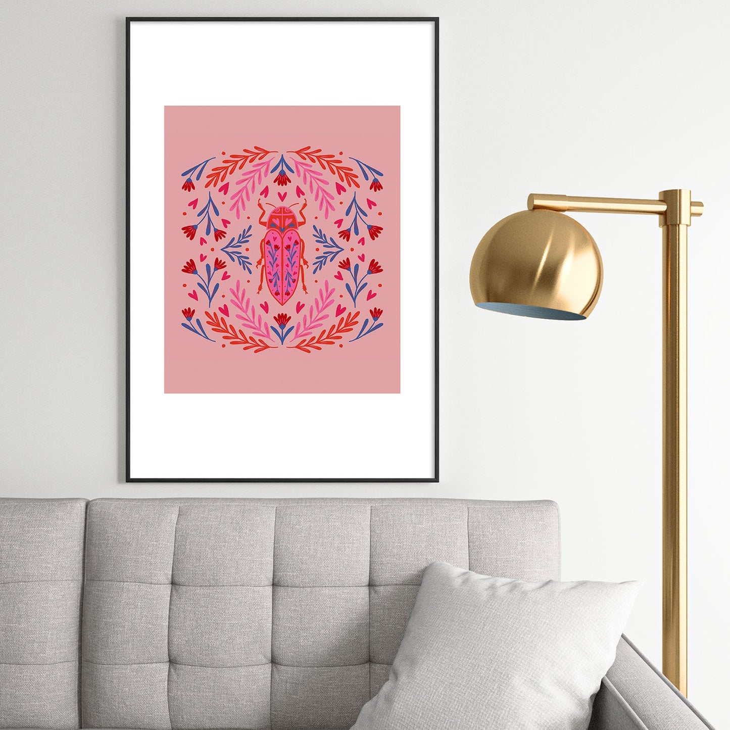 Angela Minca Lovebug pink and red Metal Framed Art Print