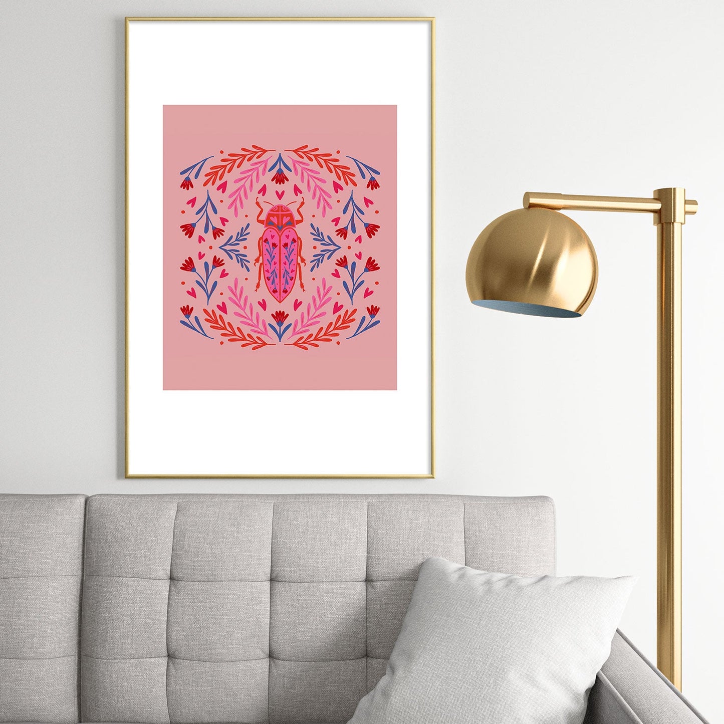 Angela Minca Lovebug pink and red Metal Framed Art Print
