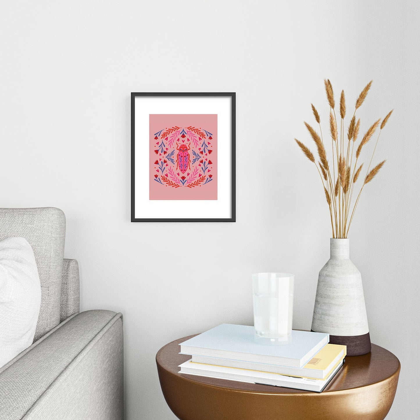 Angela Minca Lovebug pink and red Metal Framed Art Print