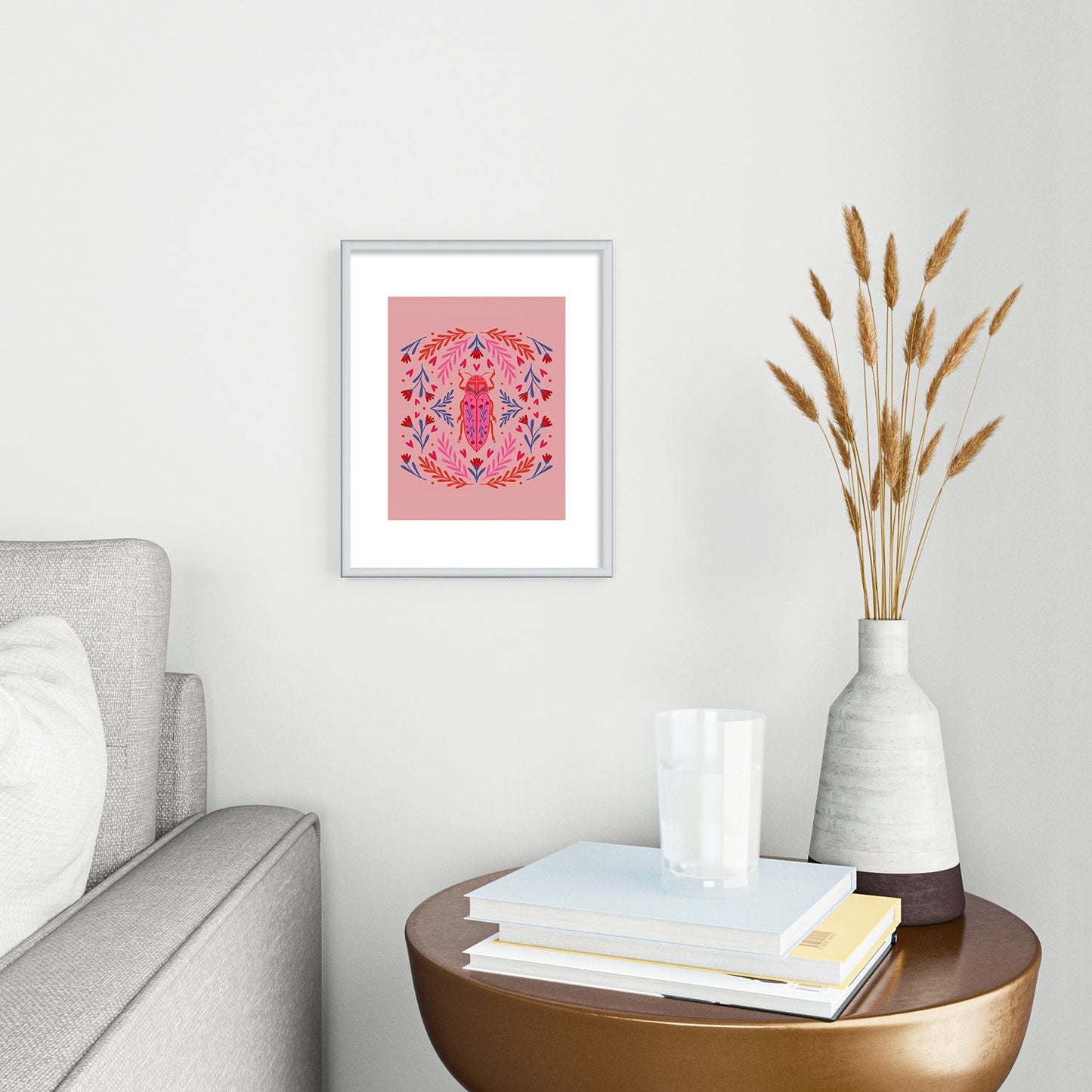 Angela Minca Lovebug pink and red Metal Framed Art Print