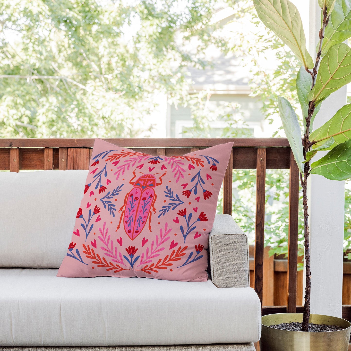 Angela Minca Lovebug pink and red Outdoor Throw Pillow