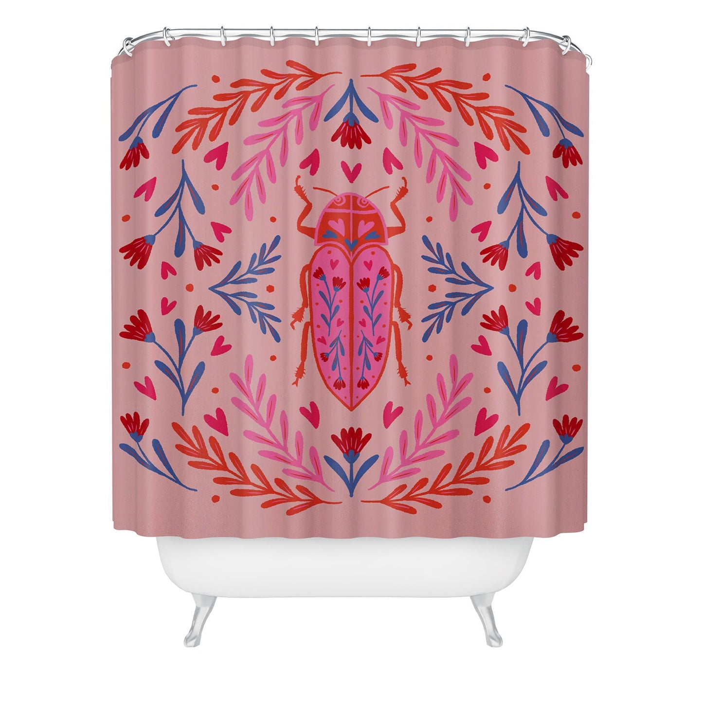 Angela Minca Lovebug pink and red Shower Curtain