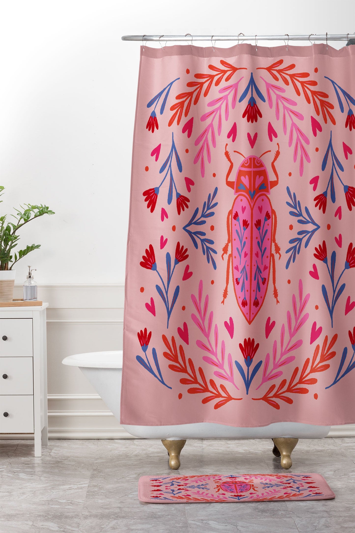 Angela Minca Lovebug pink and red Memory Foam Bath Mat