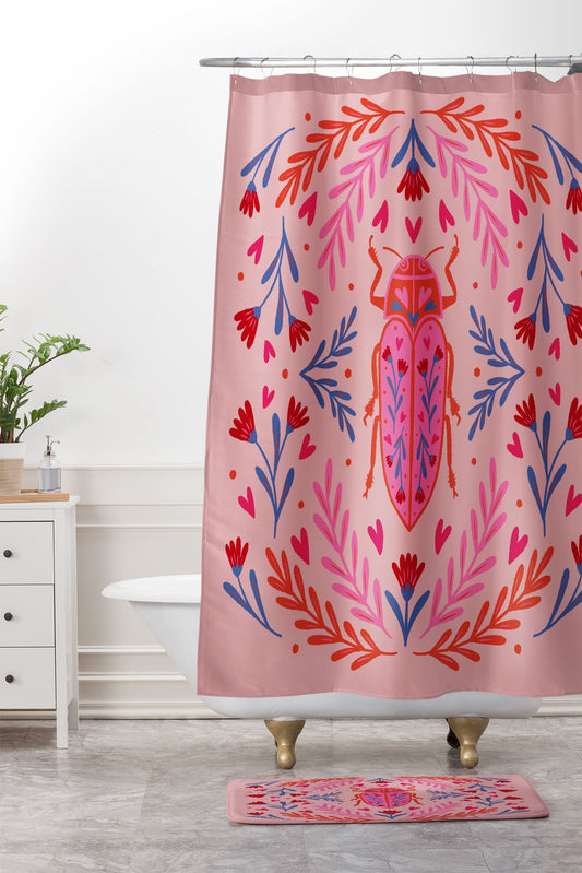 Angela Minca Lovebug pink and red Shower Curtain And Mat