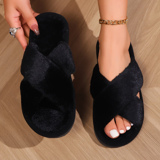 [1 Pair Faux Fur Slippers] 1 Pair Elegant Faux Fur Slippers for Women, Solid Color Indoor House Shoes, Slip-On Plush Open Toe Slides with Rubber Sole, Washable Fabric Lining and Insole, All-Season Comfort