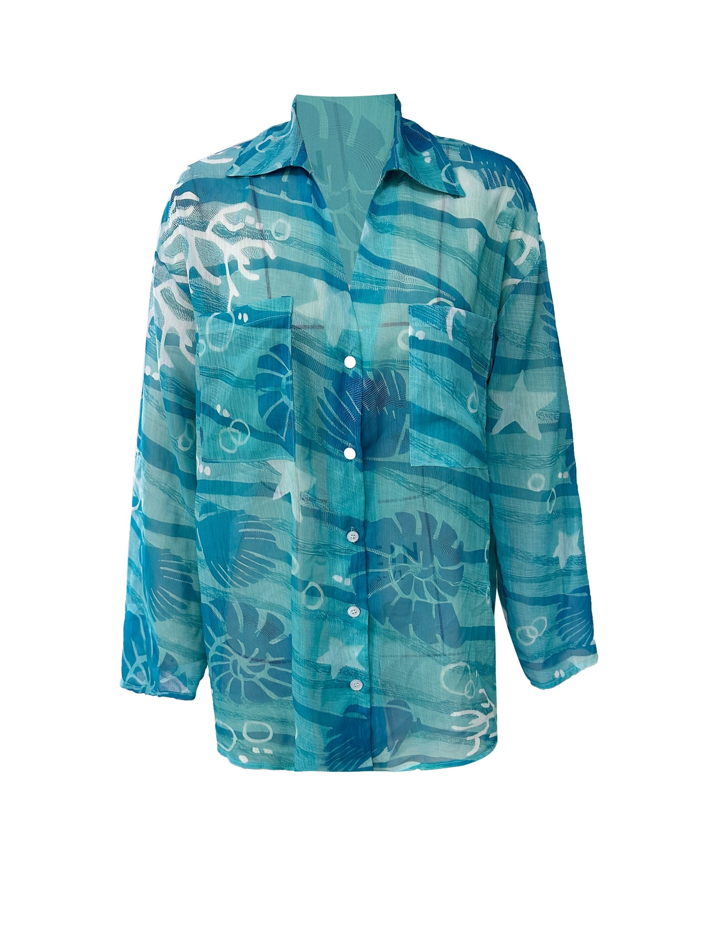 Marine Life Print Button Up Shirt, Vacation Long Sleeve Collared Loose Beach Shirt, Women's Clothing