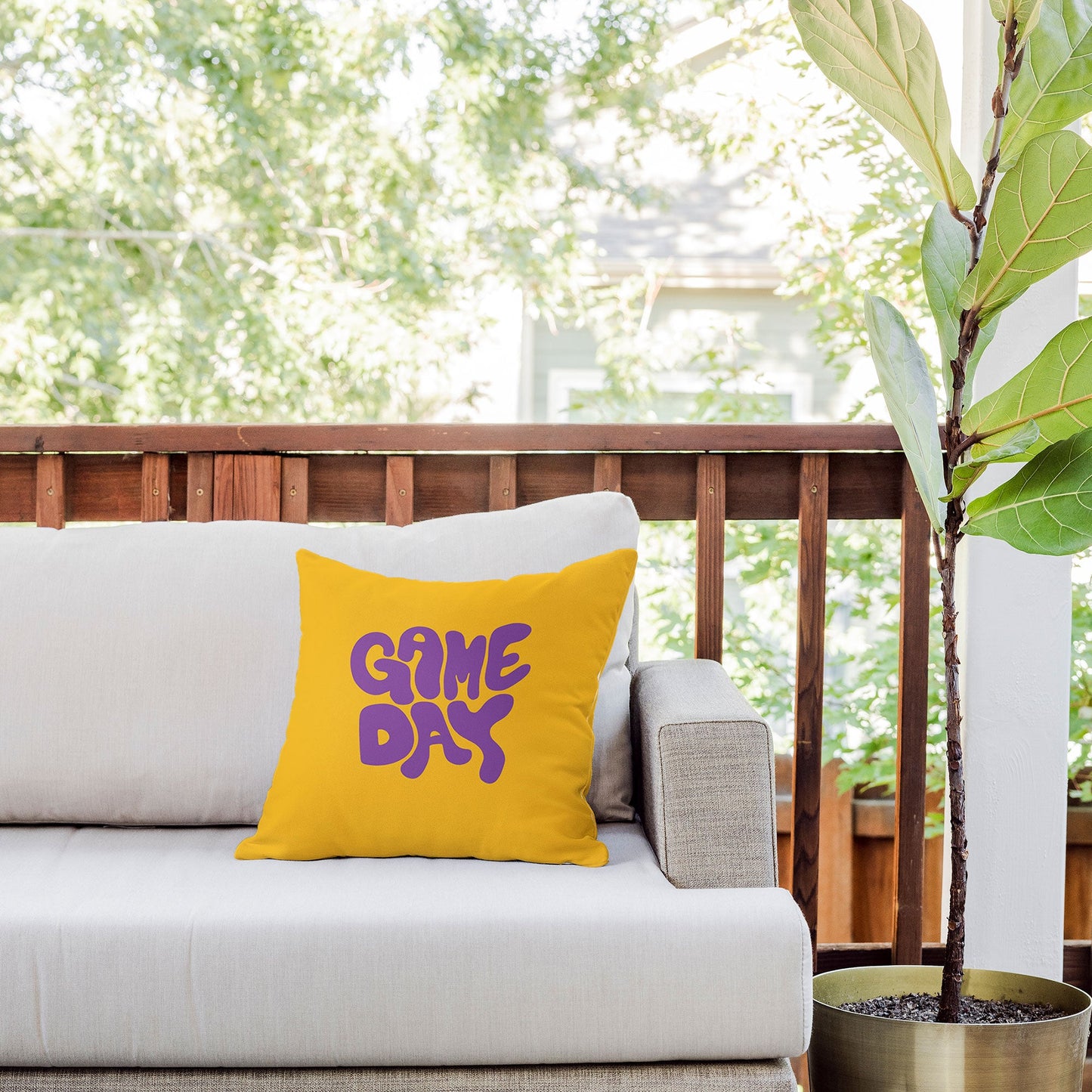 DENY Designs Gameday Yellow and Purple 1 Outdoor Throw Pillow
