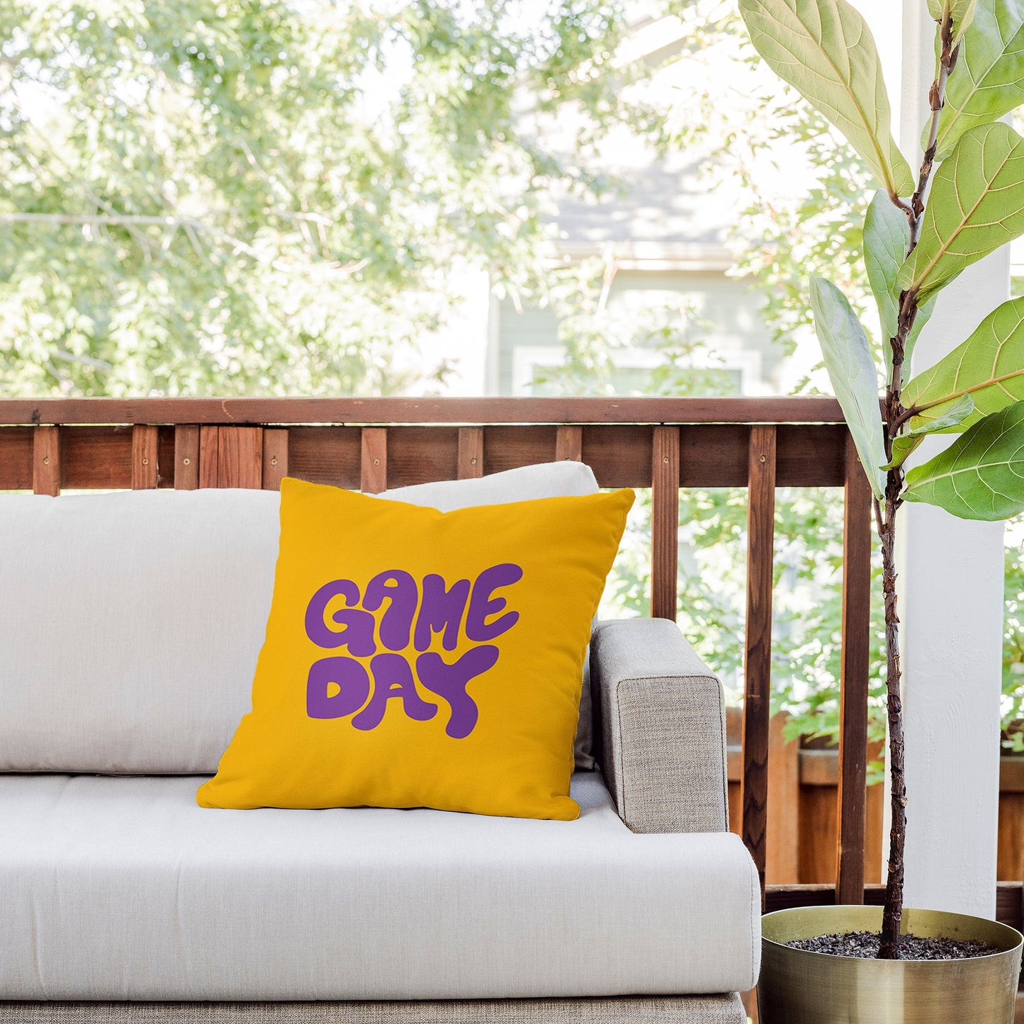 DENY Designs Gameday Yellow and Purple 1 Outdoor Throw Pillow