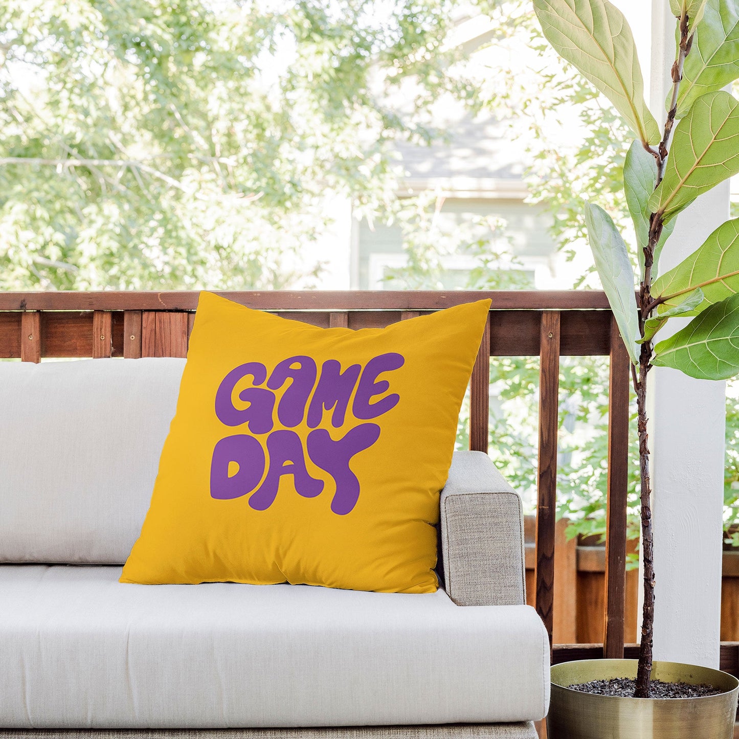 DENY Designs Gameday Yellow and Purple 1 Outdoor Throw Pillow